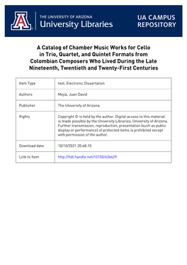 A Catalog of Chamber Music Works for Cello in Trio, Quartet