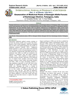 Enumeration of Medicinal Plants of Ramagiri-Khilla Forests of Karimnagar District, Telangana, India E