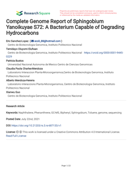Complete Genome Report of Sphingobium Yanoikuyae S72: a Bacterium Capable of Degrading Hydrocarbons