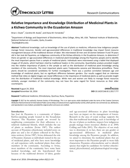 Relative Importance and Knowledge Distribution of Medicinal Plants in a Kichwa Community in the Ecuadorian Amazon