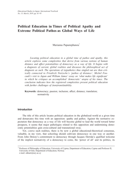 Political Education in Times of Political Apathy and Extreme Political Pathos As Global Ways of Life
