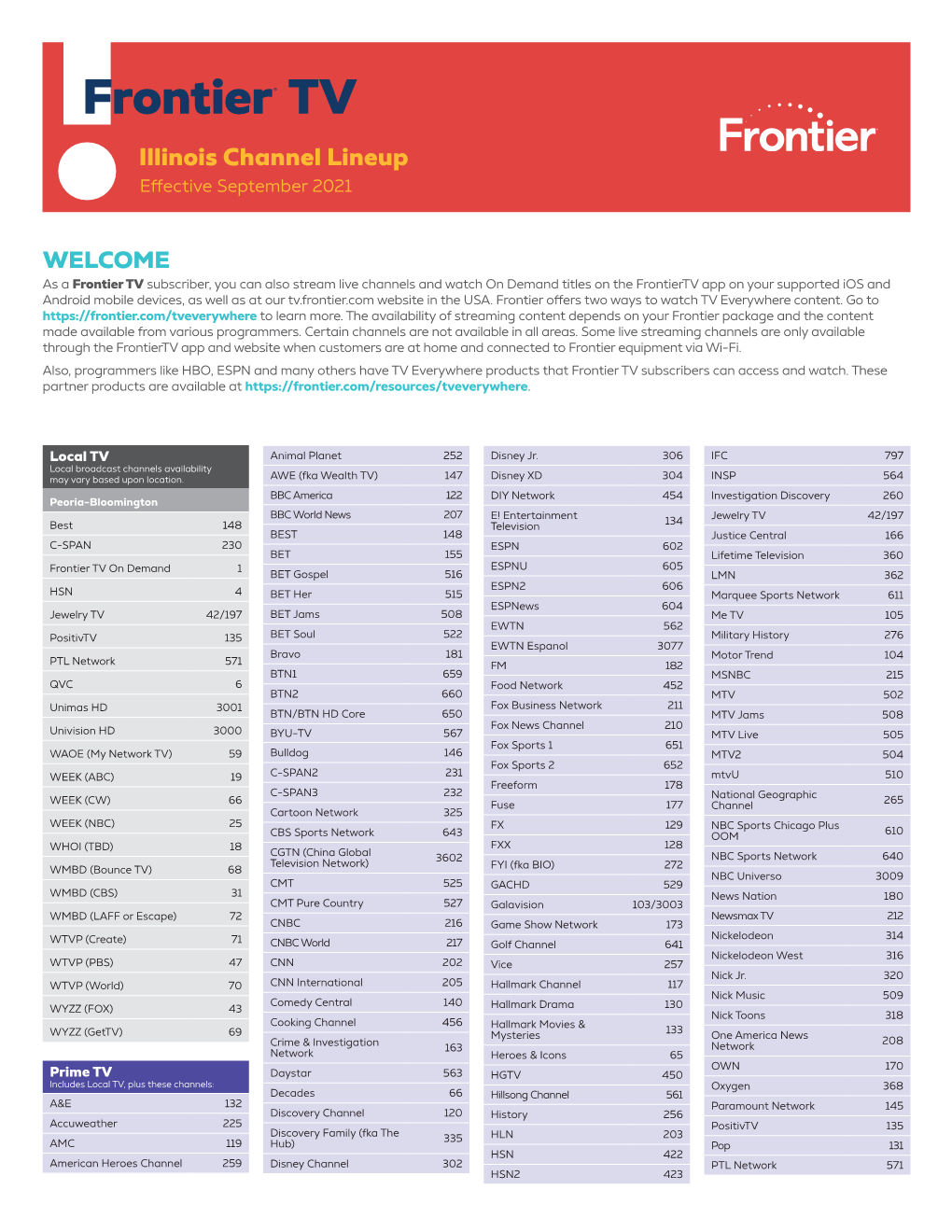 Frontier TV Illinois Residential Channel Lineup and TV Guide DocsLib