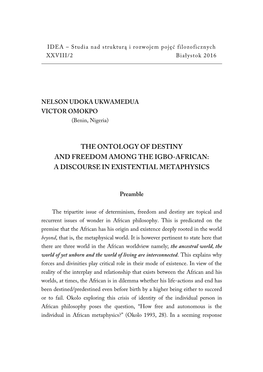 The Ontology of Destiny and Freedom Among the Igbo-African: a Discourse in Existential Metaphysics
