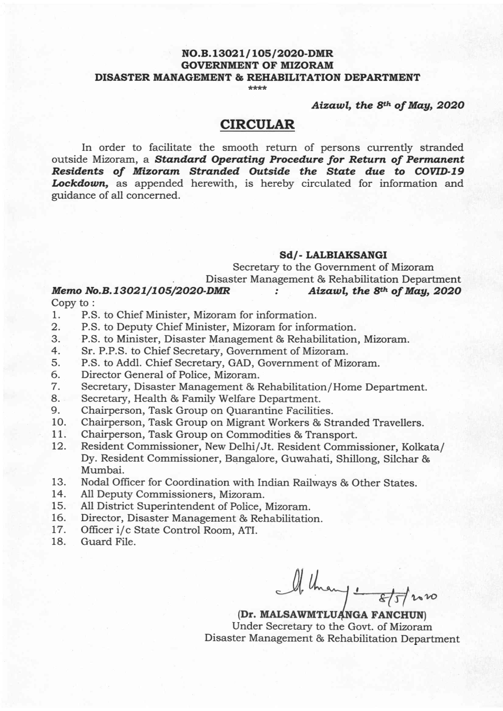 CIRCULAR in Order to Facilitate the Smooth Return of Persons Currently Stranded Outside Mizoram, a Stand.Ard