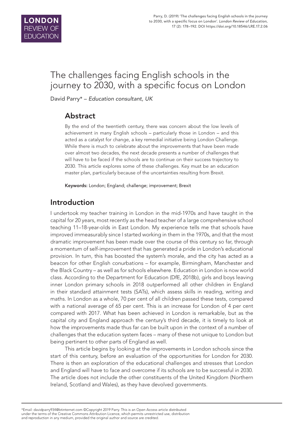 The Challenges Facing English Schools in the Journey to 2030, with a Specific Focus on London’