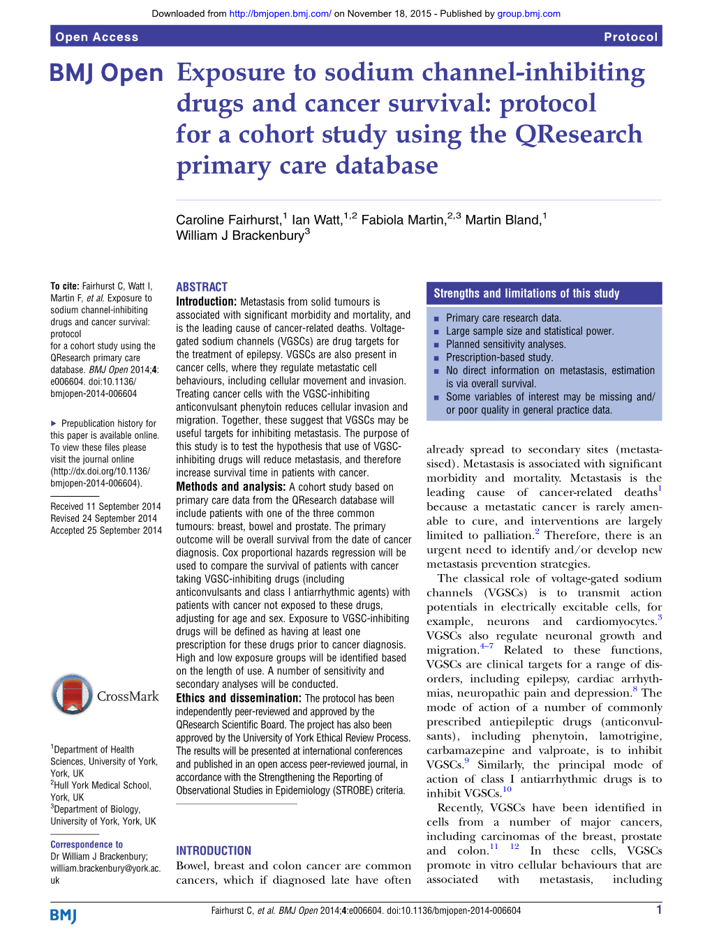 Exposure to Sodium Channel-Inhibiting Drugs and Cancer Survival: Protocol for a Cohort Study Using the Qresearch Primary Care Database