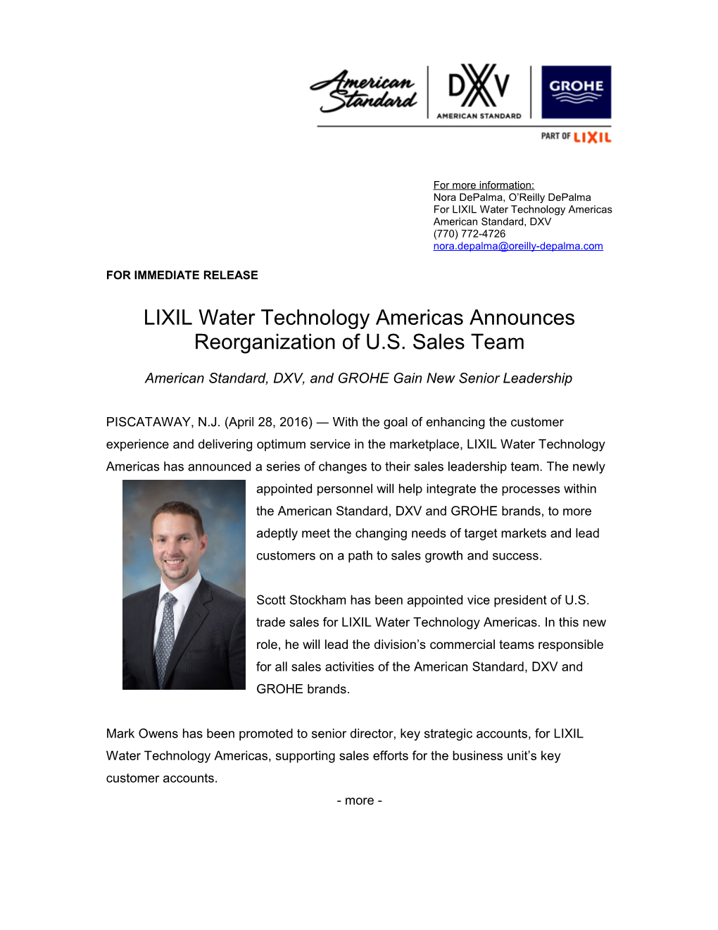 LIXIL Water Technology Americas Announces Reorganization of U.S. Sales Team 2-2-2