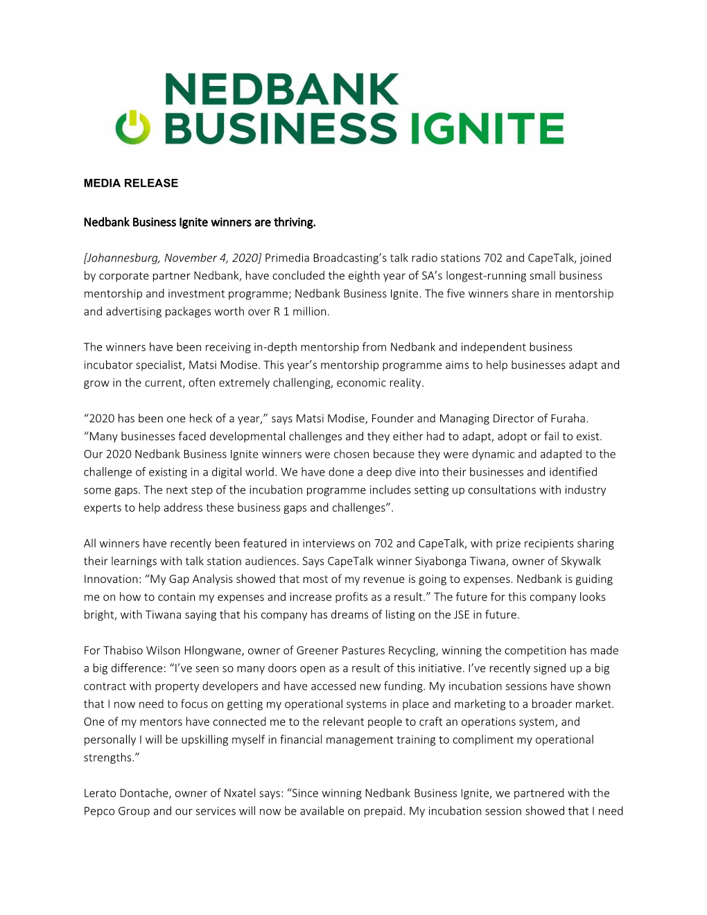 Nedbank Business Ignite Winners Are Thriving. [Johannesburg, November