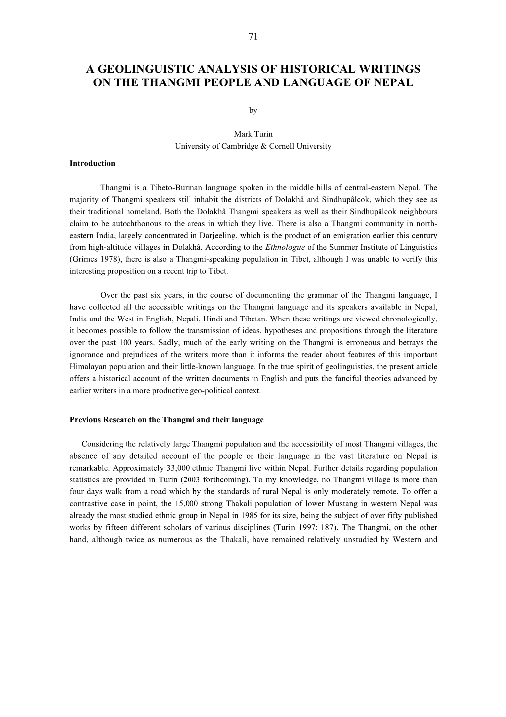 A Geolinguistic Analysis of Historical Writings on the Thangmi People and Language of Nepal