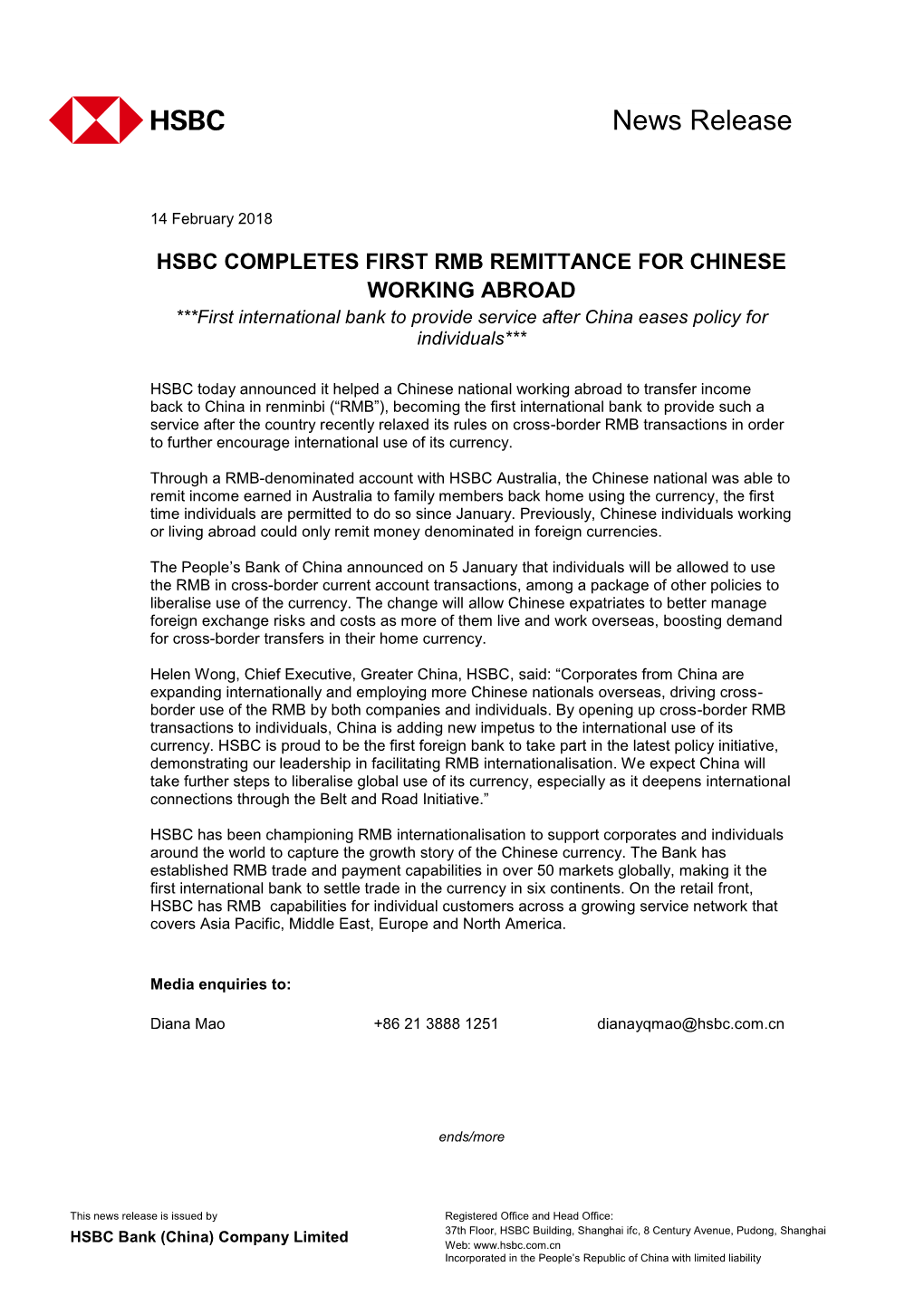 HSBC COMPLETES FIRST RMB REMITTANCE for CHINESE WORKING ABROAD ***First International Bank to Provide Service After China Eases Policy for Individuals***