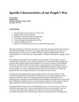 Specific Characteristics of Our People's War