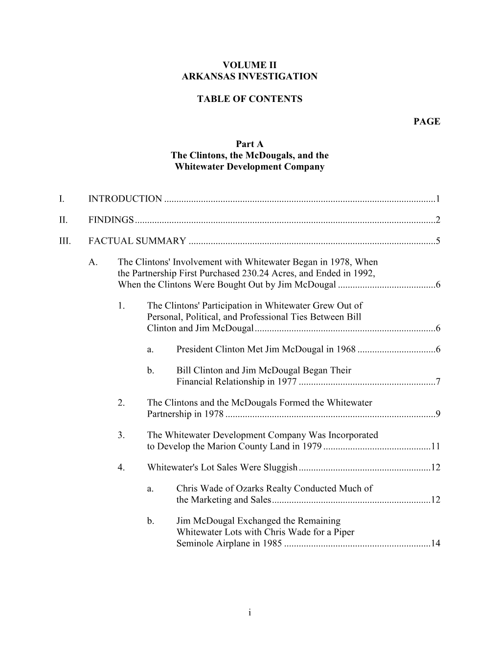 Vol II Table of Contents Arkansas Investigation