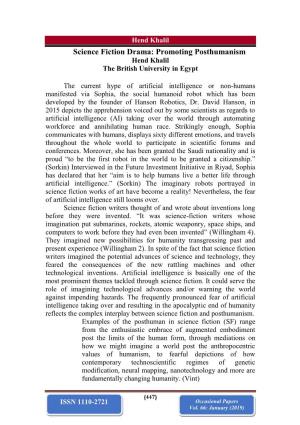 Science Fiction Drama: Promoting Posthumanism Hend Khalil the British University in Egypt