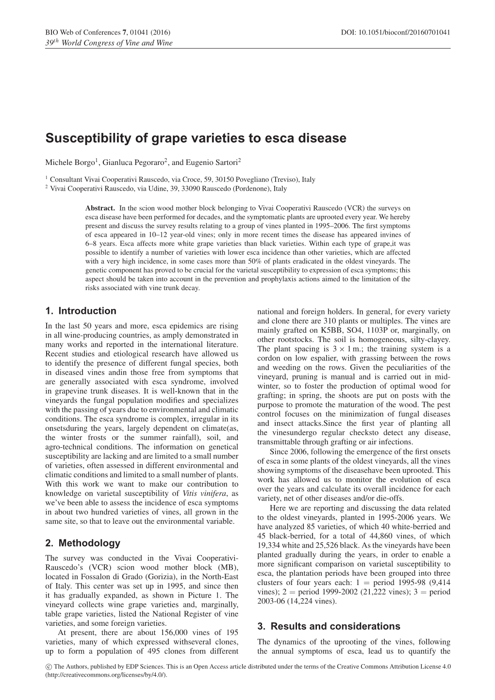 Susceptibility of Grape Varieties to Esca Disease
