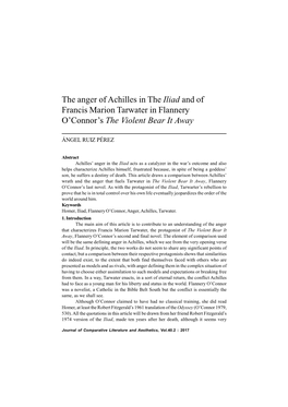 The Anger of Achilles in the Iliad and of Francis Marion Tarwater in Flannery O’Connor’S the Violent Bear It Away