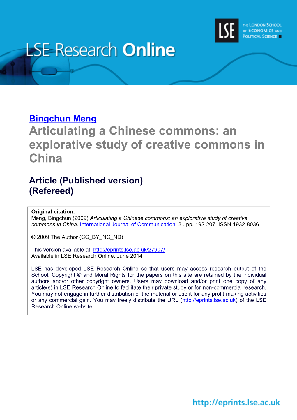 Articulating a Chinese Commons: an Explorative Study of Creative Commons in China