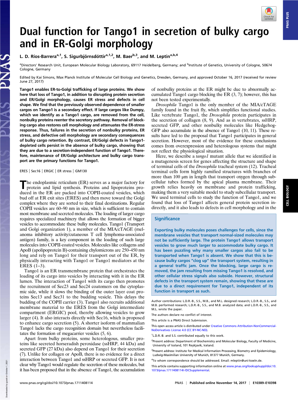 Dual Function for Tango1 in Secretion of Bulky Cargo and in ER-Golgi