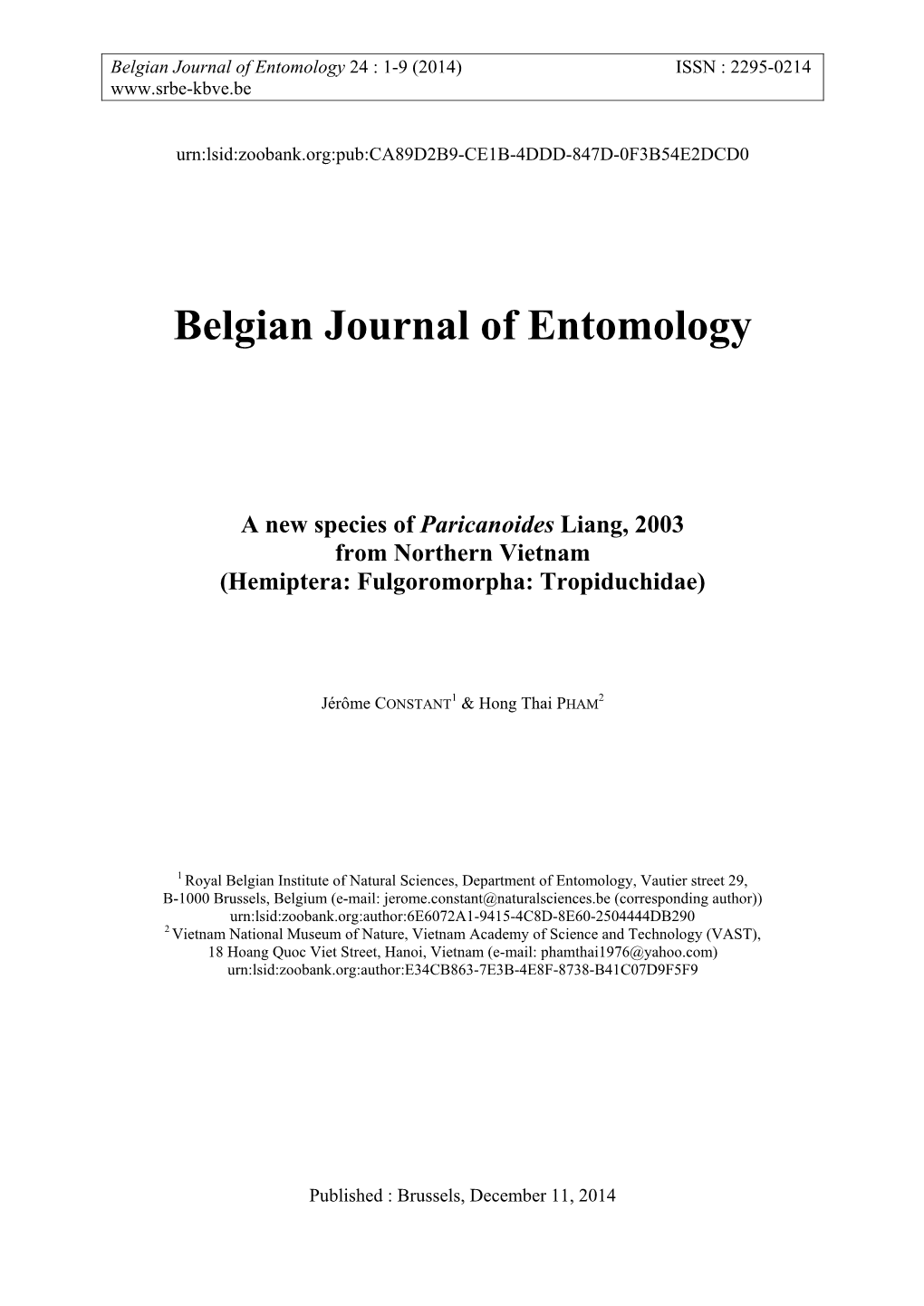 Belgian Journal of Entomology 24 : 1-9 (2014) ISSN : 2295-0214