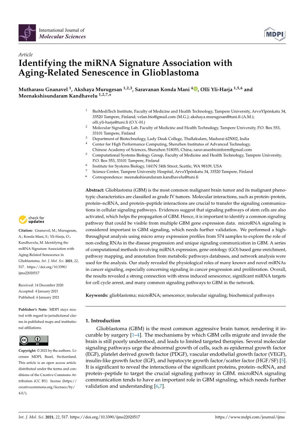 Identifying the Mirna Signature Association with Aging-Related Senescence in Glioblastoma