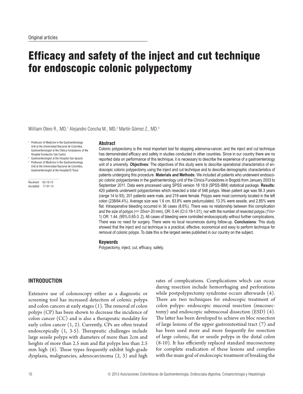 Efficacy and Safety of the Inject and Cut Technique for Endoscopic Colonic Polypectomy