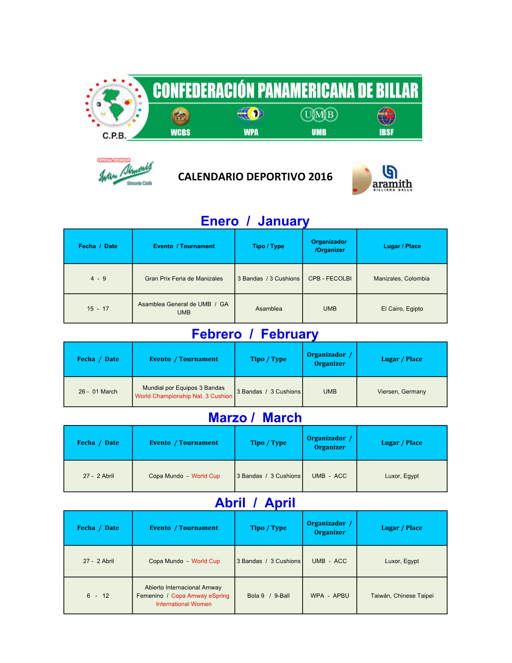 Calendario Deportivo 2016