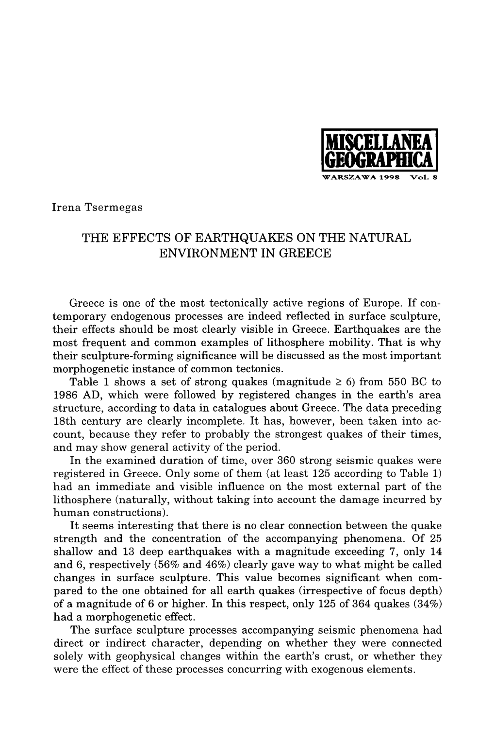 The Effects of Earthquakes on the Natural Environment in Greece