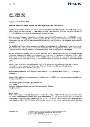 Vestas Wins 97 MW Order for Wind Project in Australia