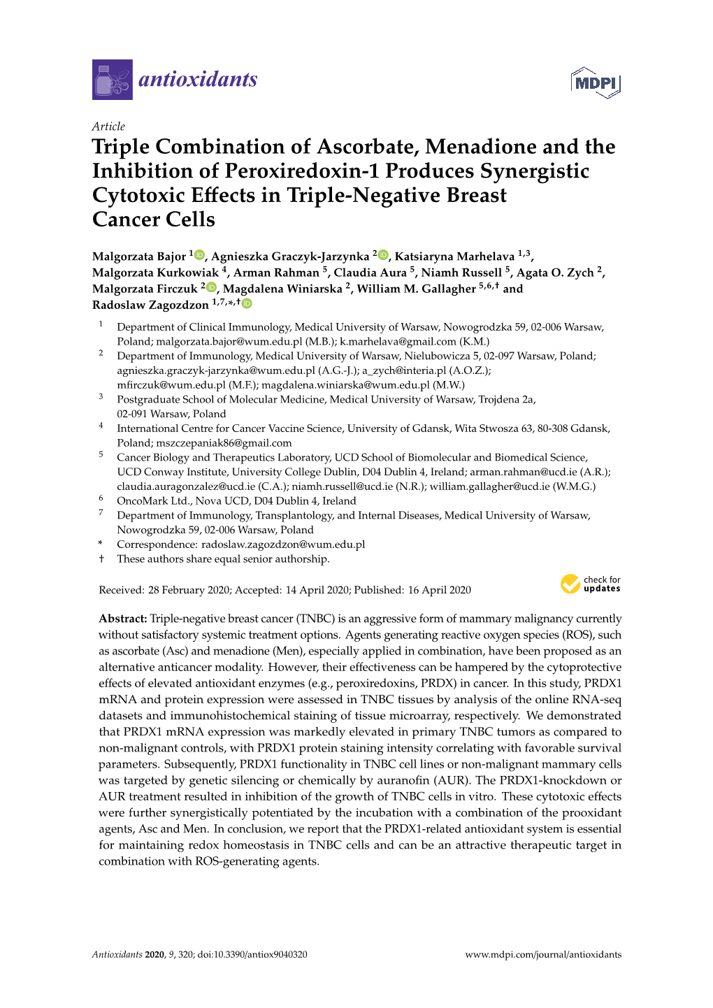 Triple Combination of Ascorbate, Menadione and the Inhibition of Peroxiredoxin-1 Produces Synergistic Cytotoxic Eﬀects in Triple-Negative Breast Cancer Cells