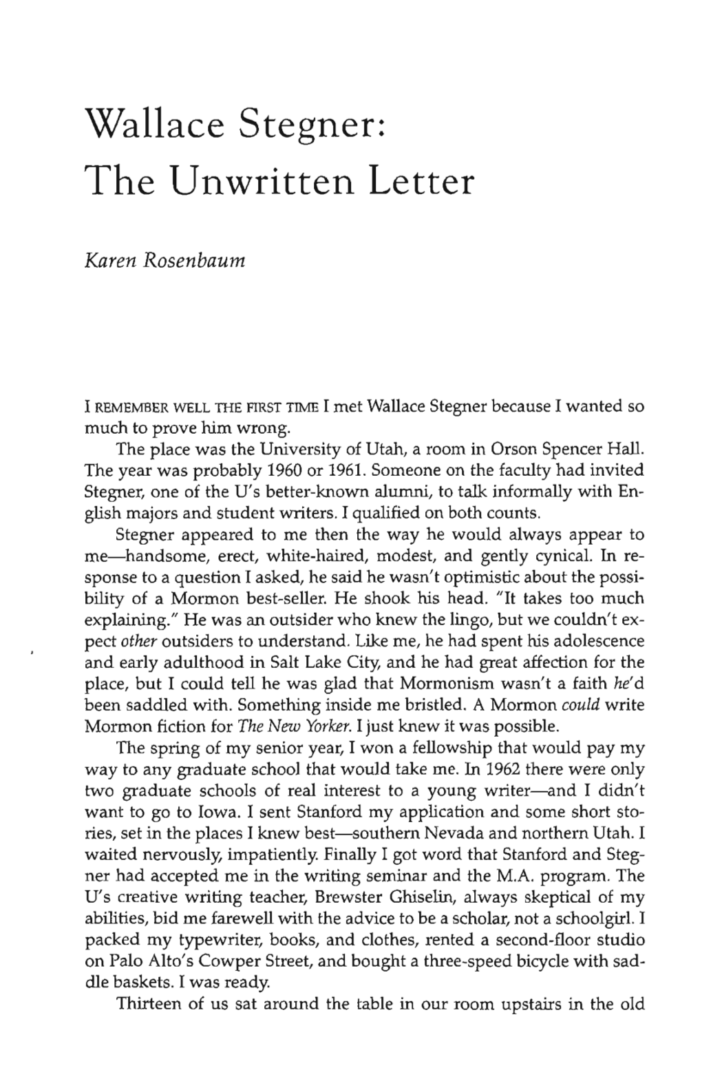 Wallace Stegner: the Unwritten Letter