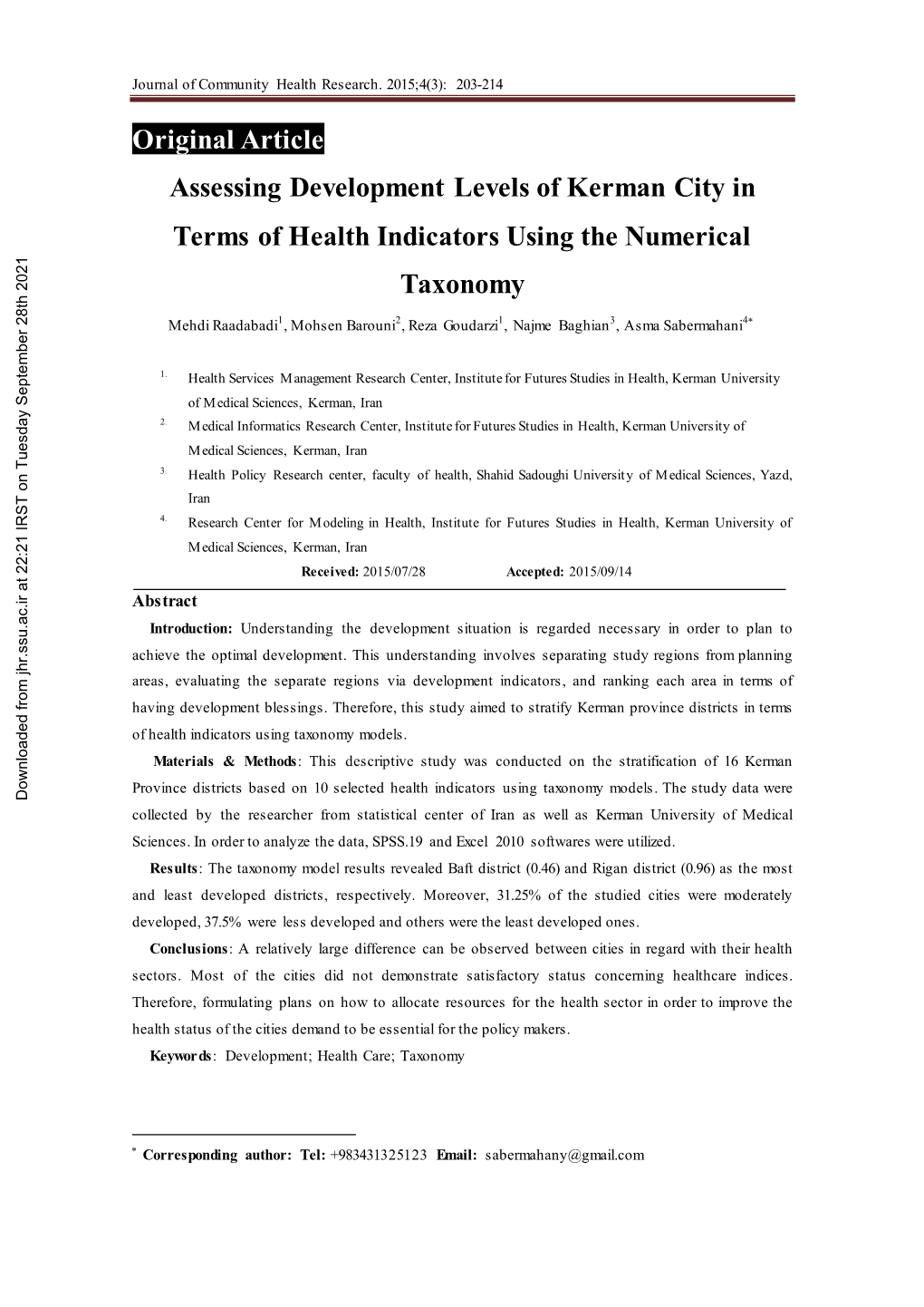 Association Levels of Development the City of Kerman in Terms Of