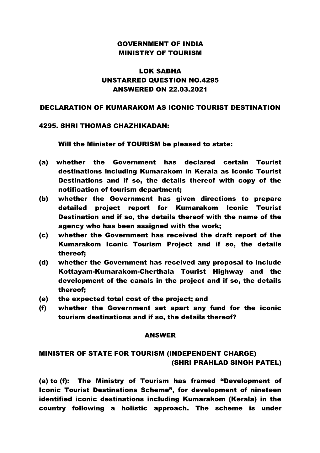 Government of India Ministry of Tourism Lok Sabha