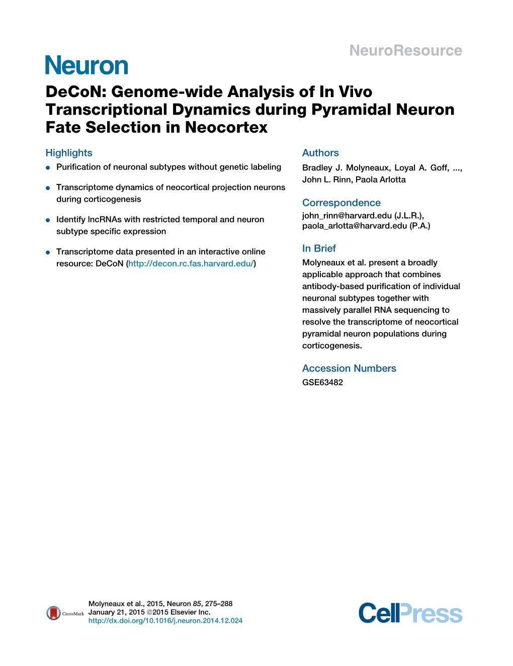 Decon: Genome-Wide Analysis of in Vivo Transcriptional Dynamics During Pyramidal Neuron Fate Selection in Neocortex