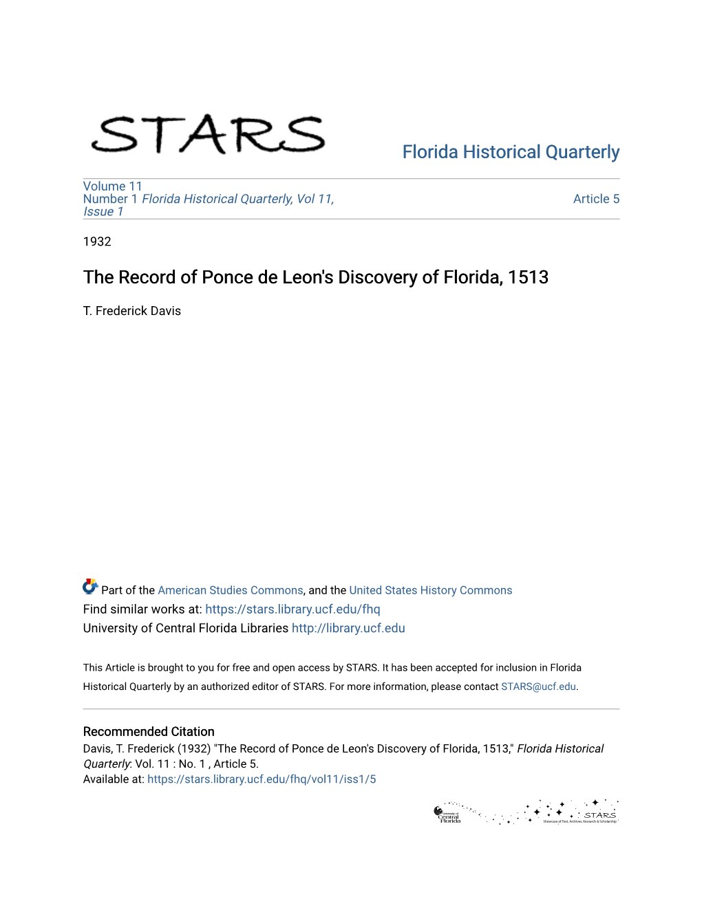 The Record of Ponce De Leon's Discovery of Florida, 1513