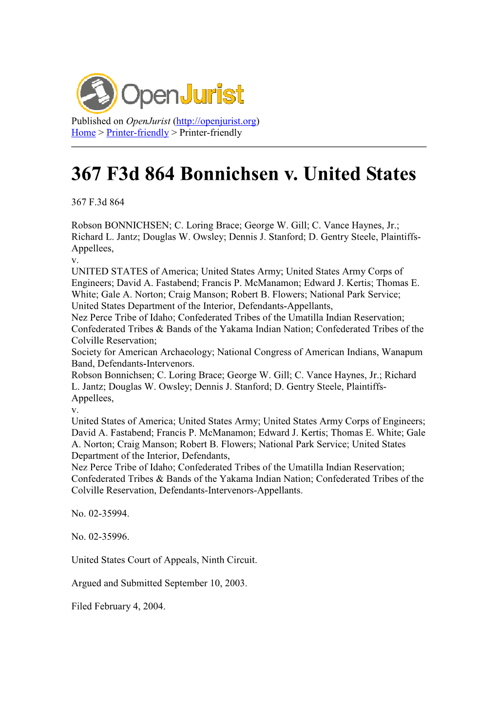 367 F3d 864 Bonnichsen V. United States