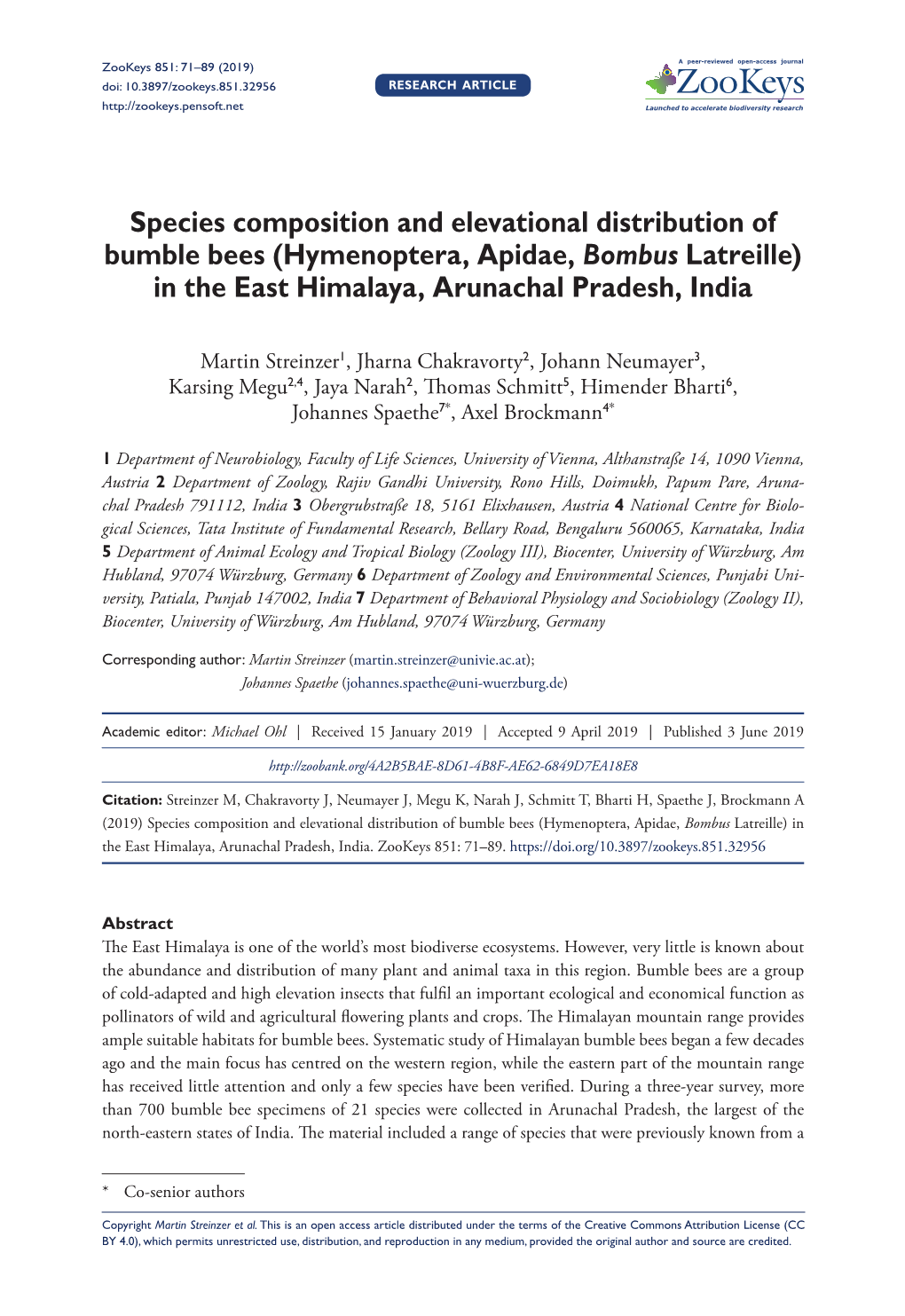 Species Composition and Elevational Distribution of Bumble Bees (Hymenoptera, Apidae, Bombus Latreille) in the East Himalaya, Arunachal Pradesh, India