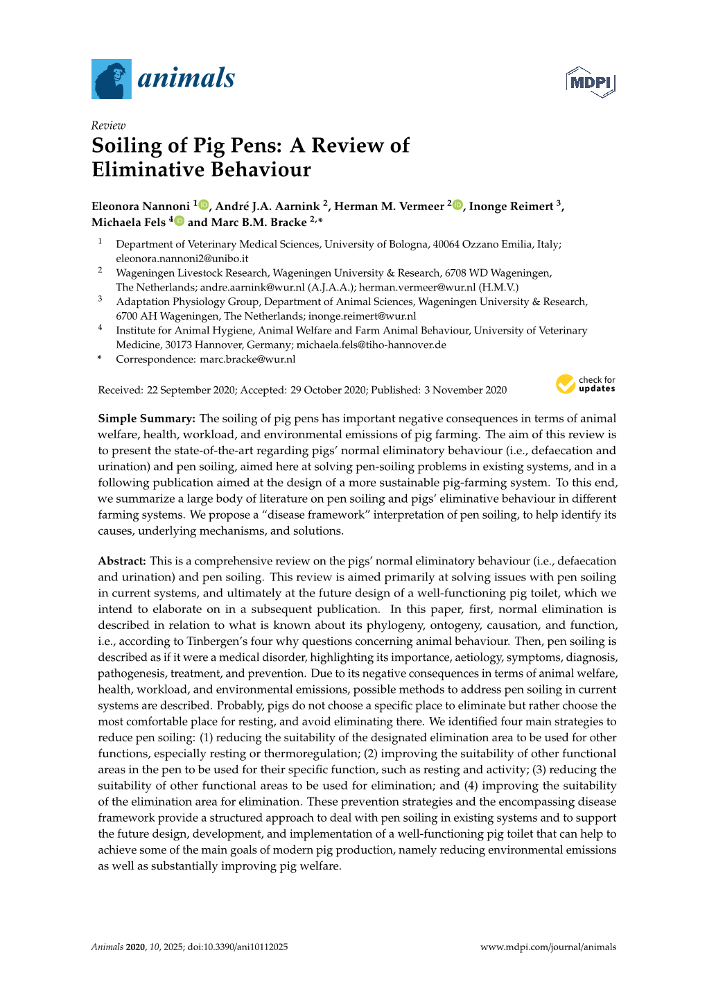 Soiling of Pig Pens: a Review of Eliminative Behaviour