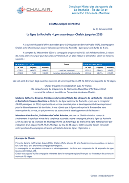 La Ligne La Rochelle - Lyon Assurée Par Chalair Jusqu’En 2023