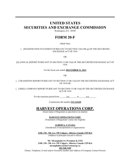 United States Securities and Exchange Commission Form 20-F Harvest Operations Corp