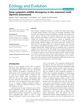 Deep Sympatric Mtdna Divergence in the Autumnal Moth (Epirrita Autumnata) Kjersti S