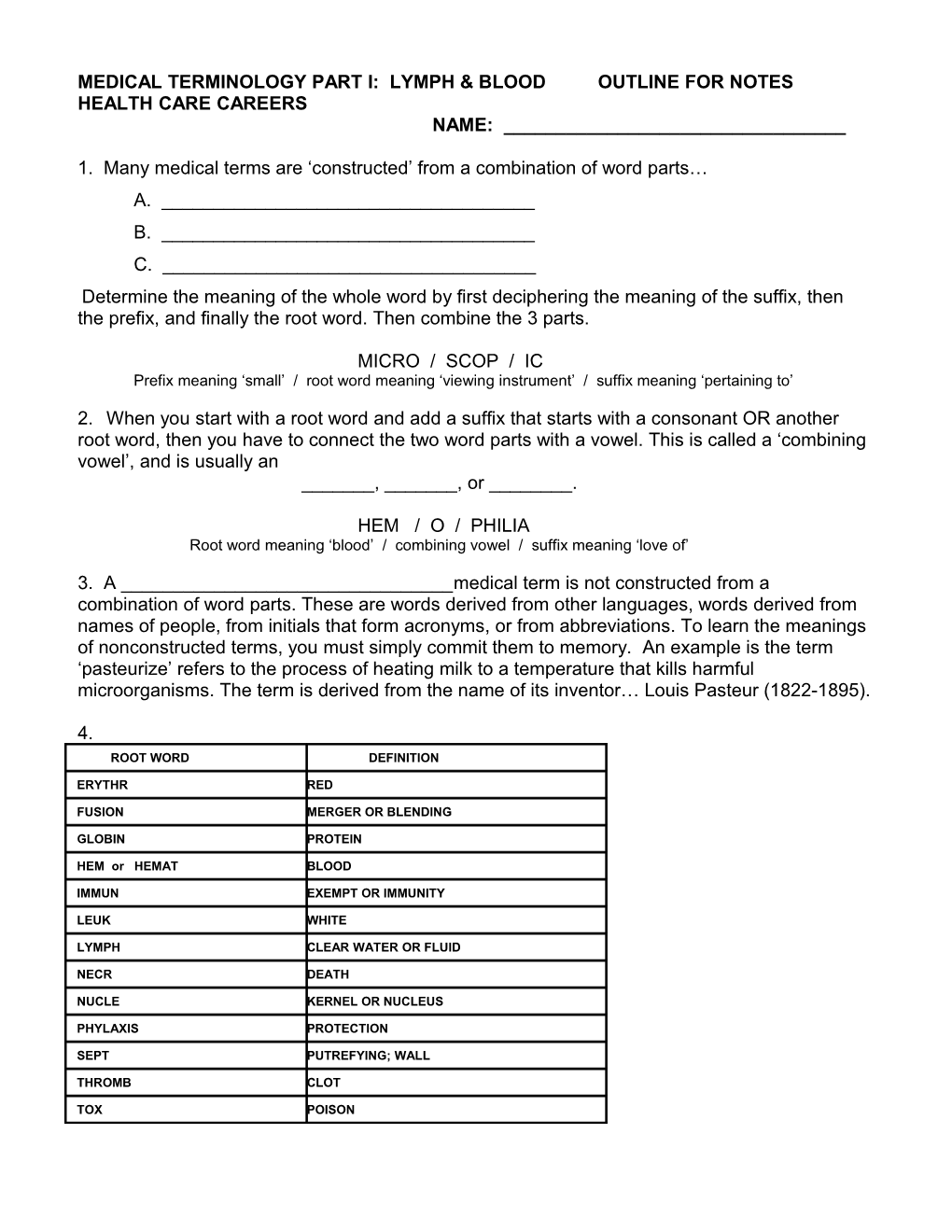 Medical Terminology Part I: Lymph & Blood Outline for Notes s1