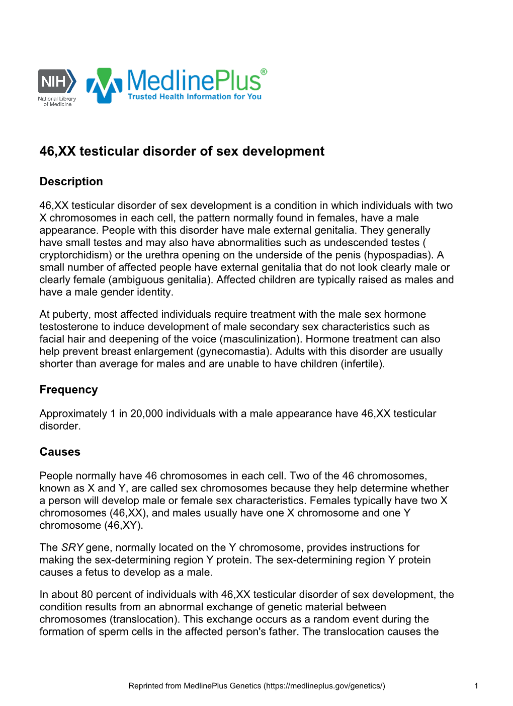 46,XX Testicular Disorder of Sex Development