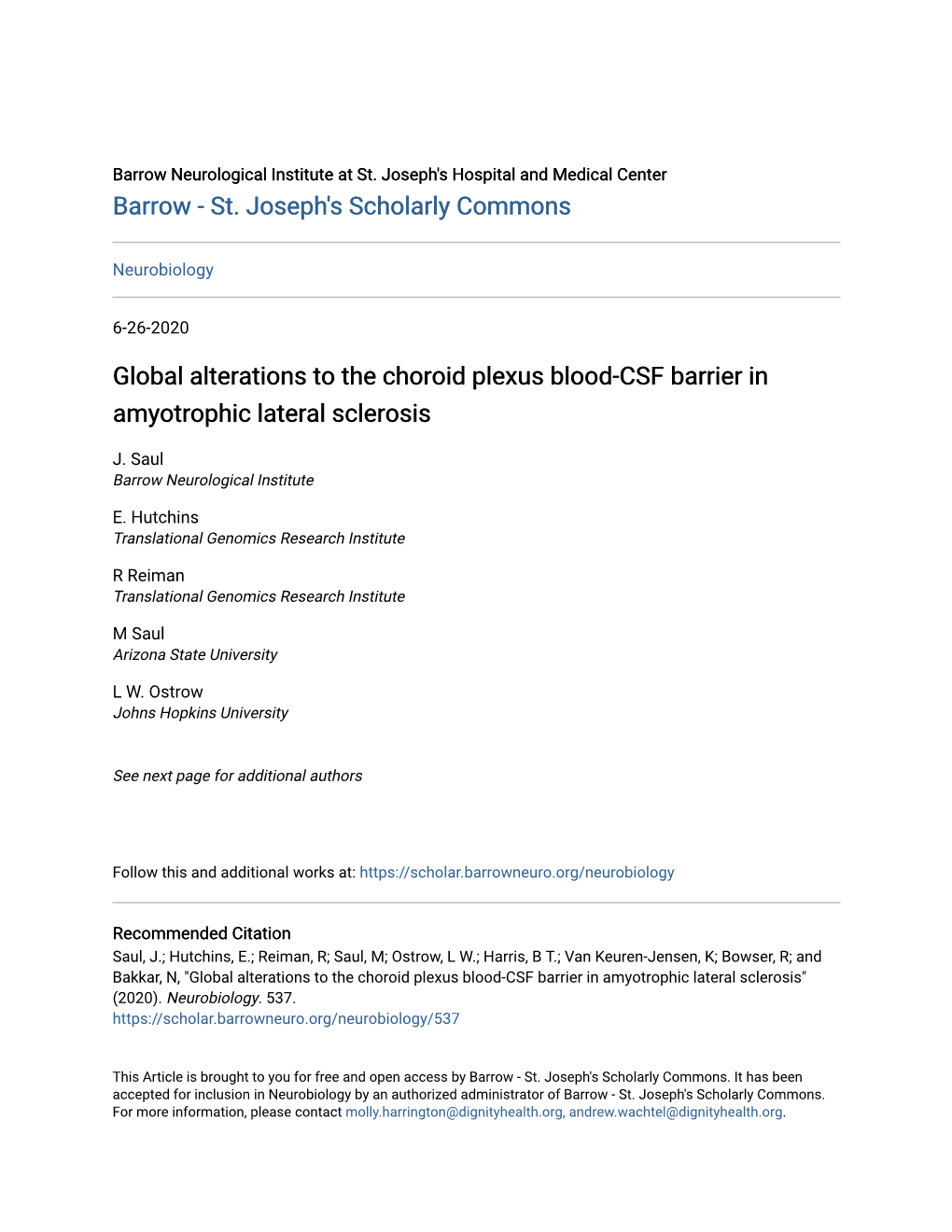 Global Alterations to the Choroid Plexus Blood-CSF Barrier in Amyotrophic Lateral Sclerosis
