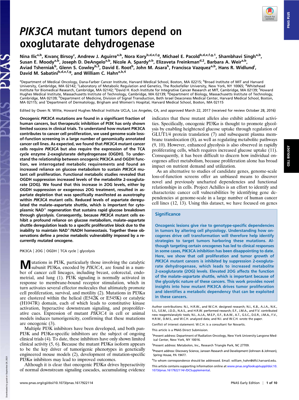 PIK3CA Mutant Tumors Depend on Oxoglutarate Dehydrogenase