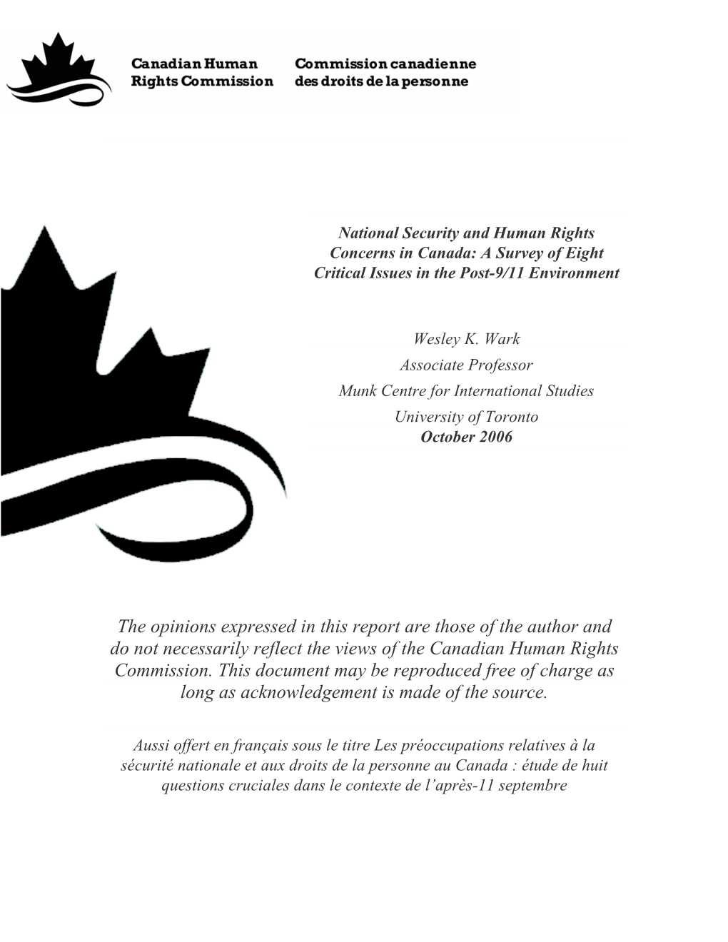 National Security and Human Rights Concerns in Canada: a Survey of Eight Critical Issues in the Post-9/11 Environment