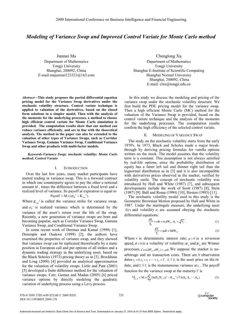 Modeling of Variance Swap and Improved Control Variate for Monte Carlo Method