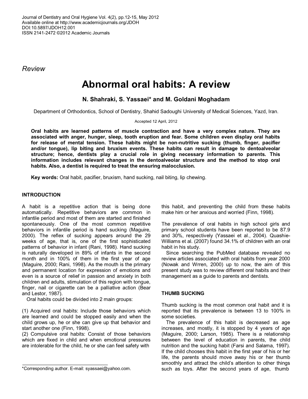 Abnormal Oral Habits: a Review