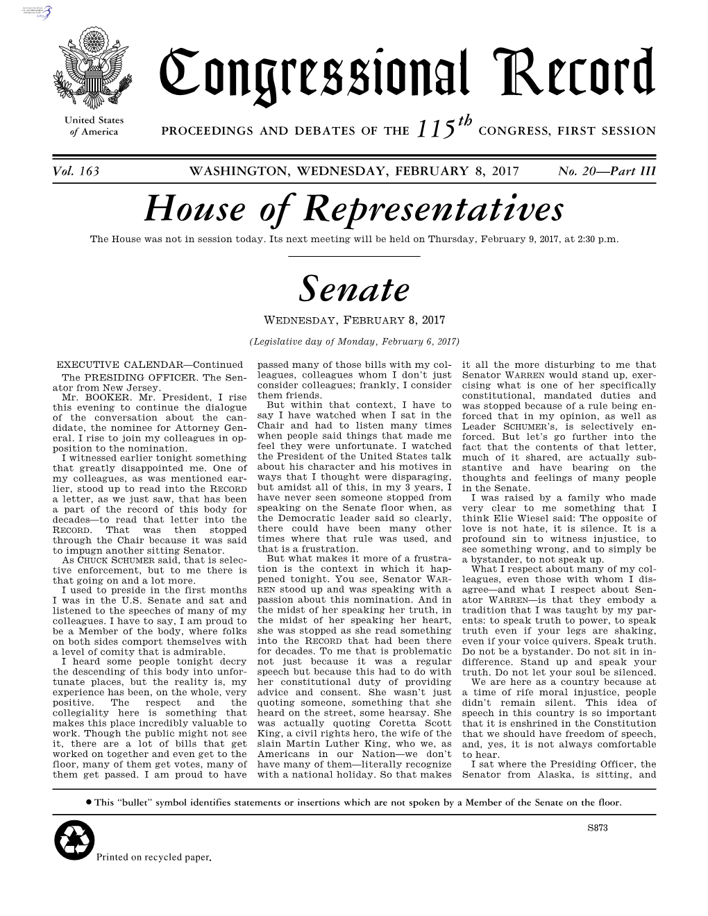 Congressional Record United States Th of America PROCEEDINGS and DEBATES of the 115 CONGRESS, FIRST SESSION