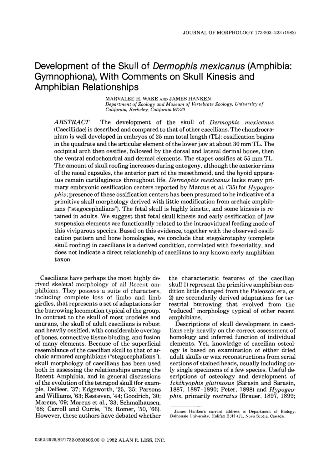 Development of the Skull of Dermophis Mexicanus (Amphibia: Gymnophiona), with Comments on Skull Kinesis and Amphibian Relationships