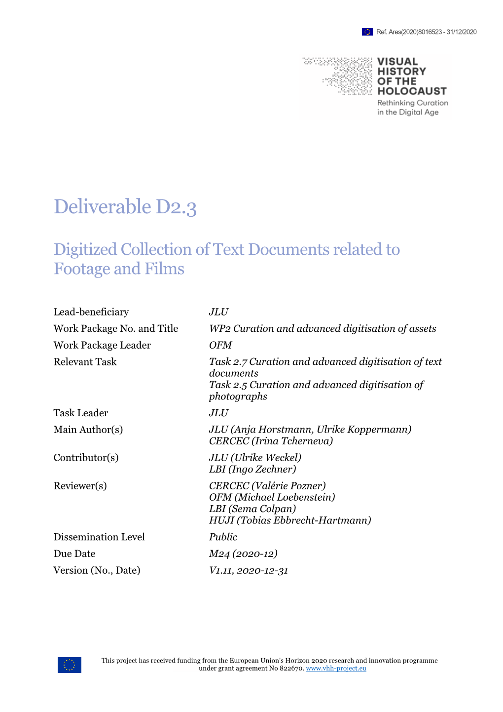 VHH Deliverable D2.3 Digitized Collection of Text Documents