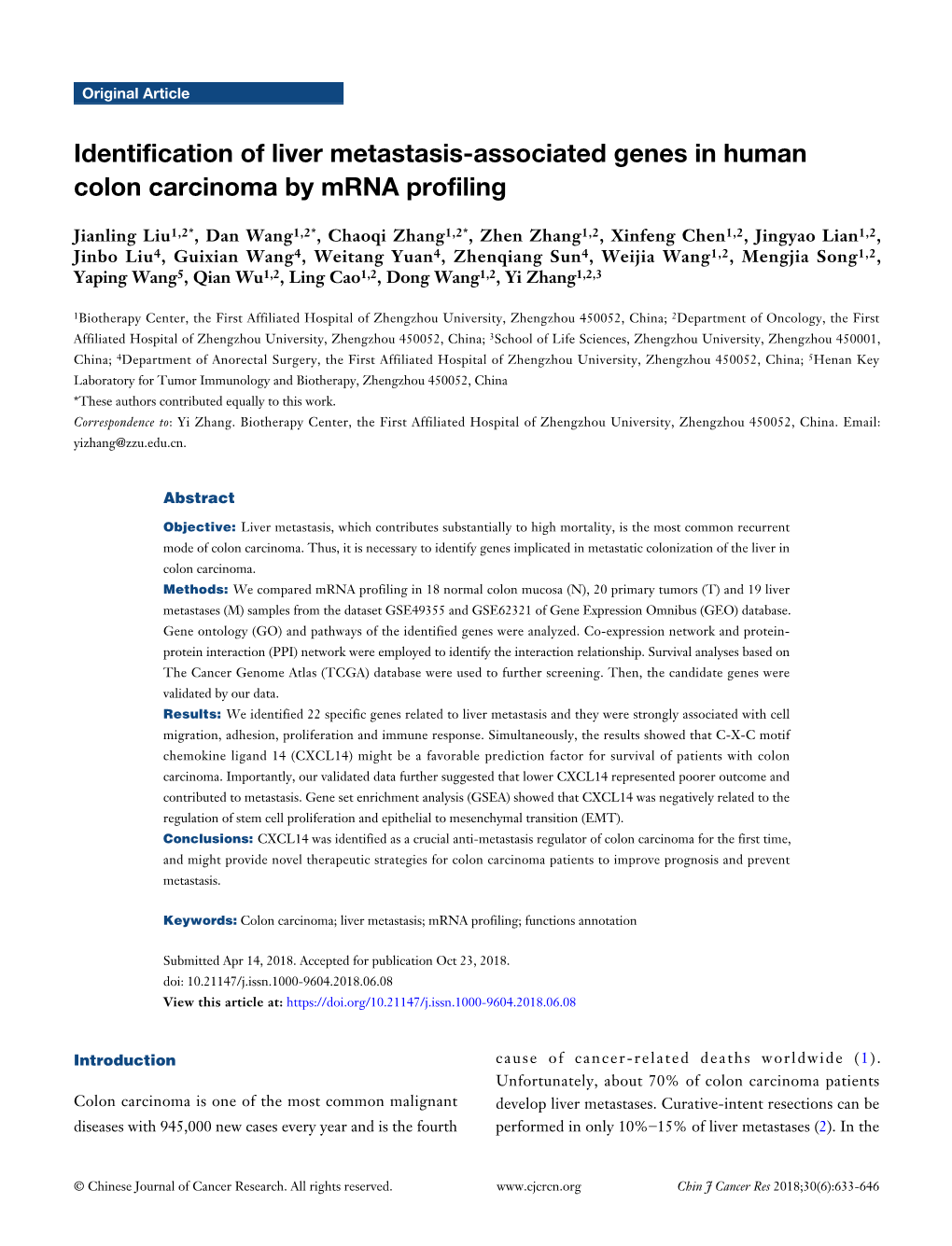 Identification of Liver Metastasis-Associated Genes in Human Colon Carcinoma by Mrna Profiling